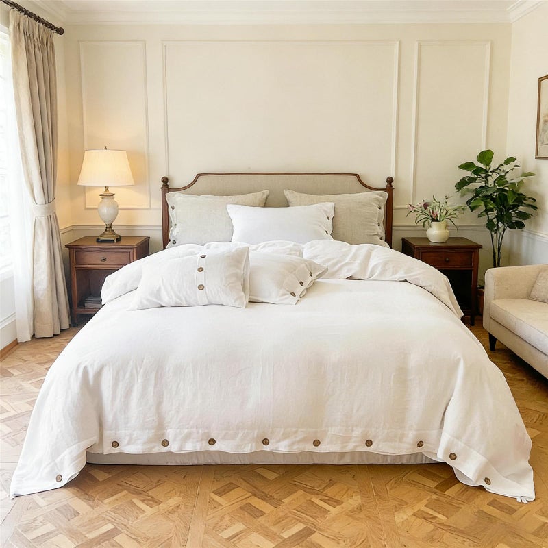 Simple&Opulence 100% Linen Duvet Cover Set 3pcs with Coconut Button Closure Natural French Washed Flax Solid Color Soft Breathable Farmhouse Bedding - White, Queen Size - Image 1